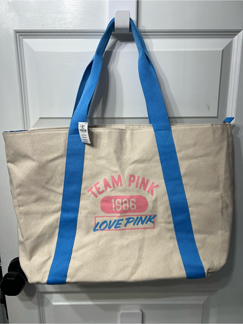 PINK Victoria's Secret Cream Canvas Tote with Blue Straps and Pink Logo